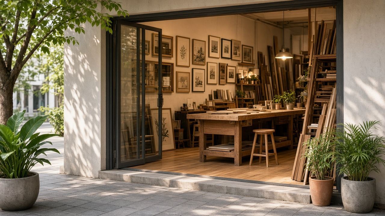 Framing shop workspace at Alpine Brook House